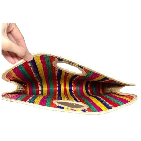 Rainbow Striped Structured Straw Top Handle Bag - Picture 6 of 8